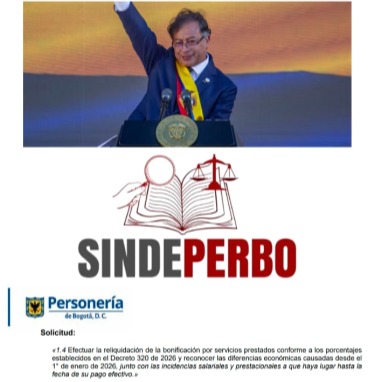 En el Acuerdo Nacional Estatal 2025 se logró que se aumentara la bonificación por servicios prestados y la bonificación especial de recreación.
El presidente Gustavo Petro, en cumplimiento de lo pactado, materializó estos acuerdos mediante los Decretos 312 y 320 de 2026.
En este video, Carlos Franco, presidente de SINDEPERBO, y Tania Cuadros, integrante de la Junta Directiva, explican la gestión adelantada por el Sindicato, aunada a la acertada interpretación de la norma por parte de la Personería, que permitió que, en julio pasado, la Personería de Bogotá pagara al personal de planta estas prestaciones, con retroactividad al 1.º de enero de 2026 😊